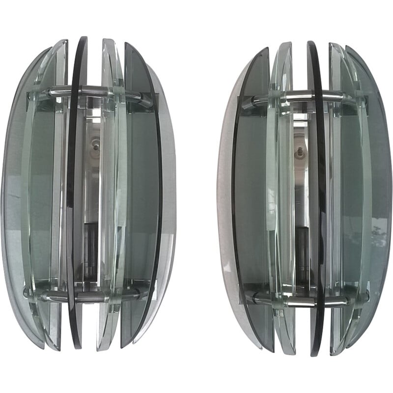 Pair of Italian glass and chromed steel wall lamps - 1970s