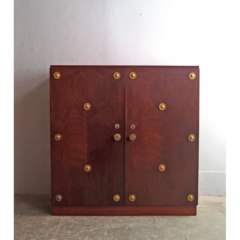 Large vintage chest of drawers in brass and walnut 1930