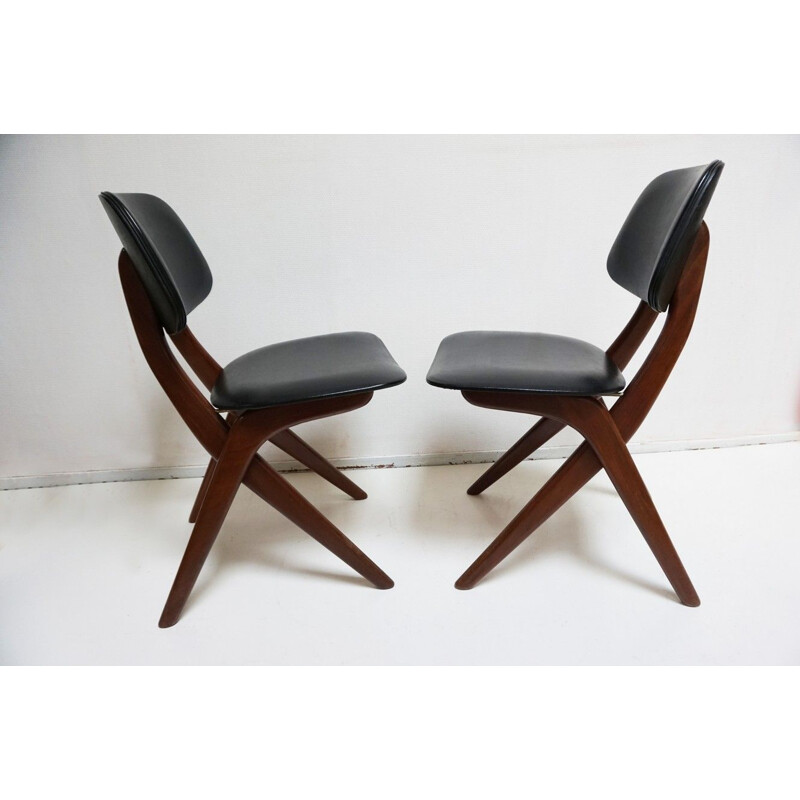 Set of 2 vintage chairs for Webé in teak and black leatherette 1950