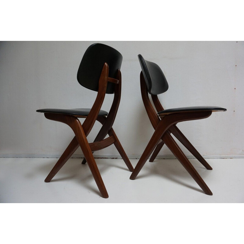 Set of 2 vintage chairs for Webé in teak and black leatherette 1950