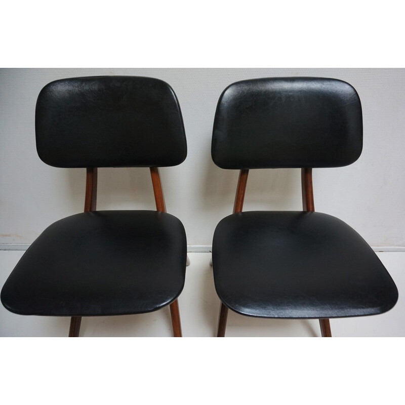 Ensemble de 2 chaises vintage pour Webé en teck et similicuir noir 1950