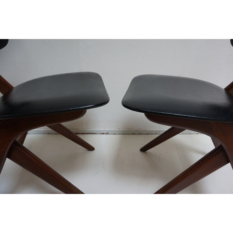 Set of 2 vintage chairs for Webé in teak and black leatherette 1950