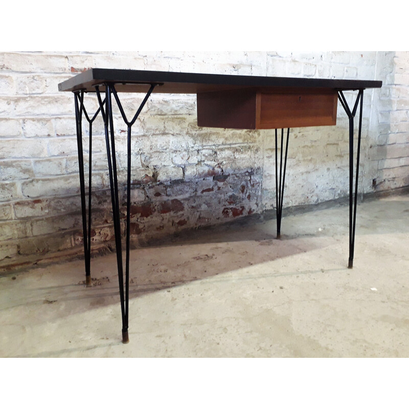 Vintage black desk in wood and metal 1950