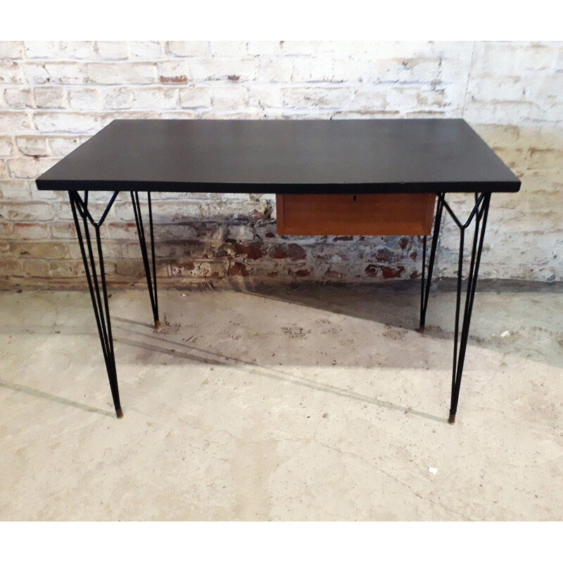 Vintage black desk in wood and metal 1950