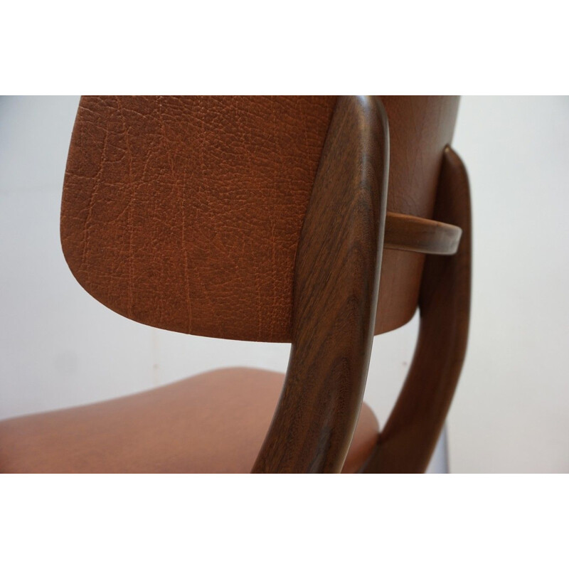 Set of 4 vintage dutch chairs for Wébé in teak and brown leatherette 1950