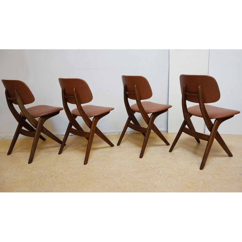 Set of 4 vintage dutch chairs for Wébé in teak and brown leatherette 1950