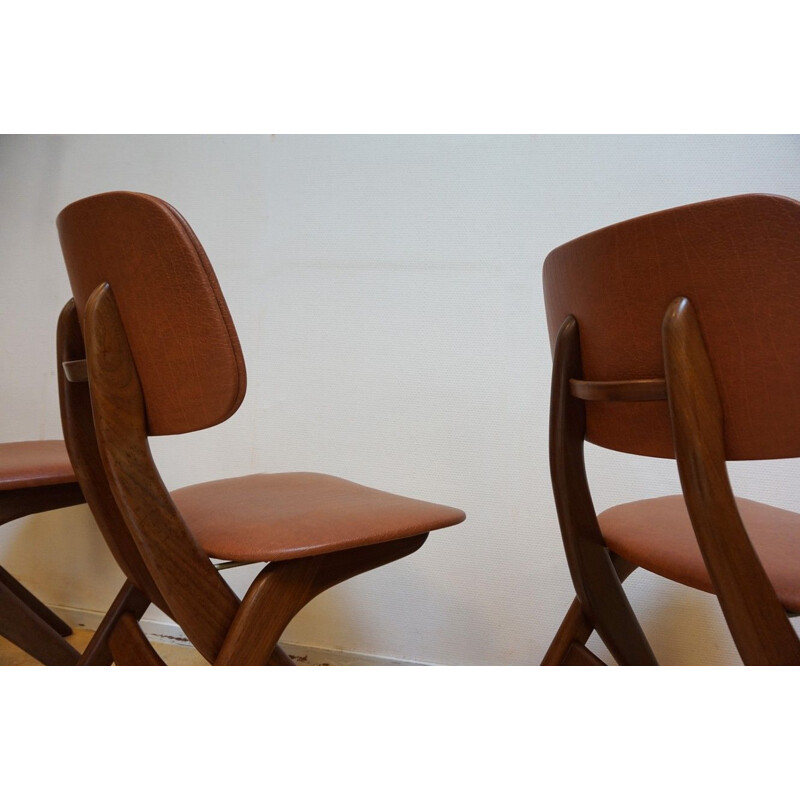 Set of 4 vintage dutch chairs for Wébé in teak and brown leatherette 1950