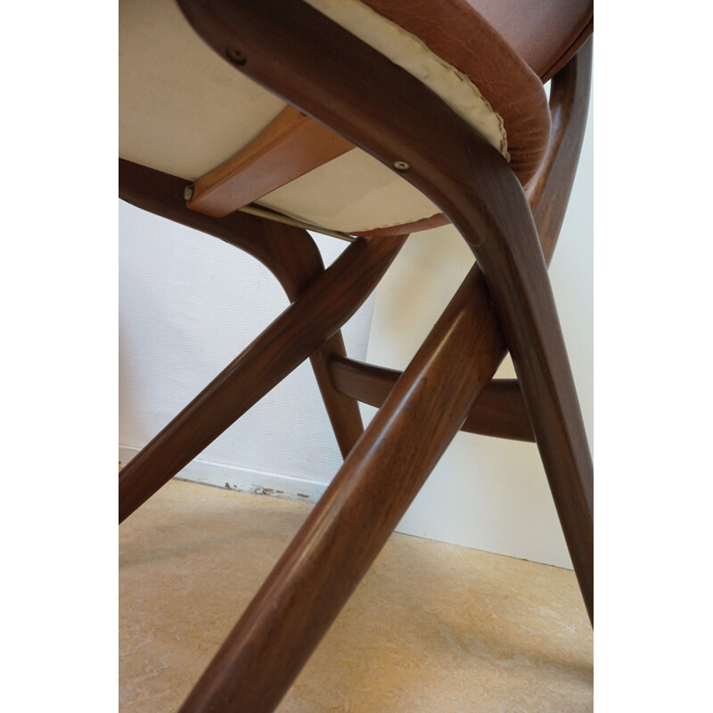 Set of 4 vintage dutch chairs for Wébé in teak and brown leatherette 1950