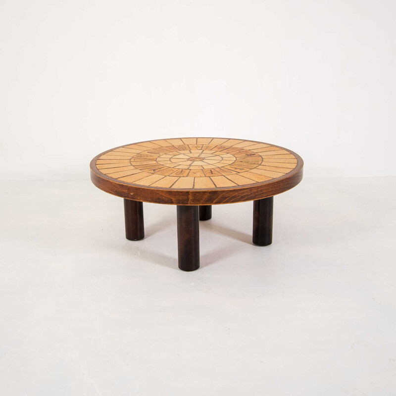 Table basse vintage française par Roger Capron en céramique et bois