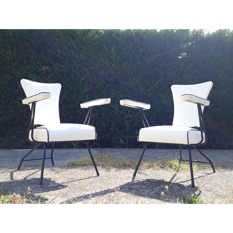 Pair of vintage french chairs in white leather and metal 1950