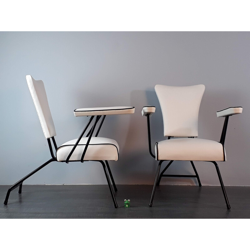 Pair of vintage french chairs in white leather and metal 1950