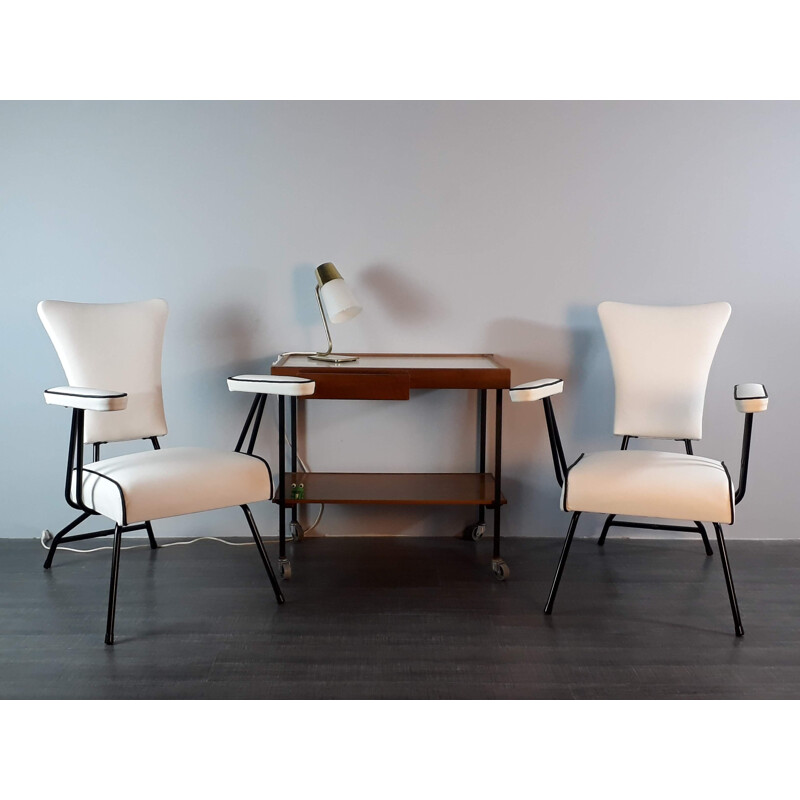 Pair of vintage french chairs in white leather and metal 1950