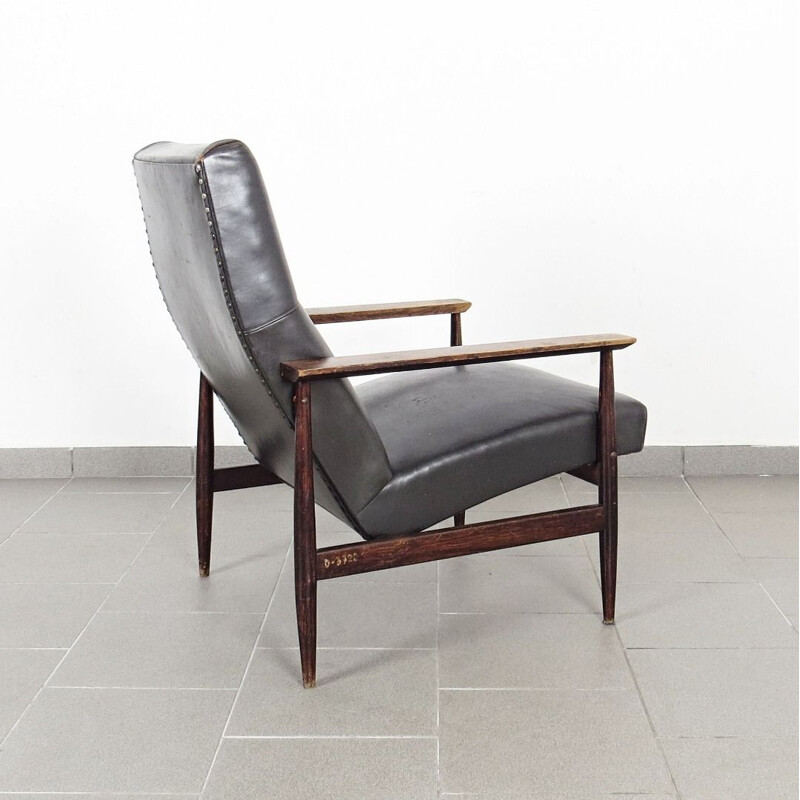 Ensemble de 2 fauteuils vintage en cuir noir et bois 1970