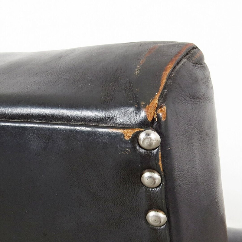 Set of 2 vintage leather armchairs in black leather and wood 1970