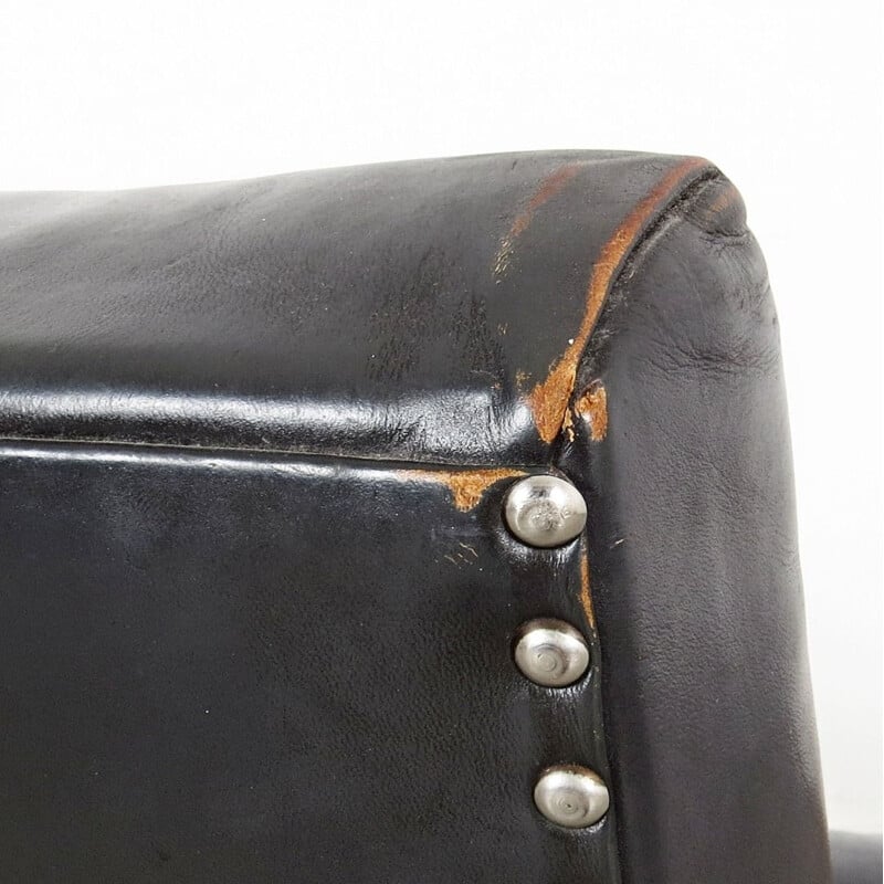 Set of 2 vintage leather armchairs in black leather and wood 1970