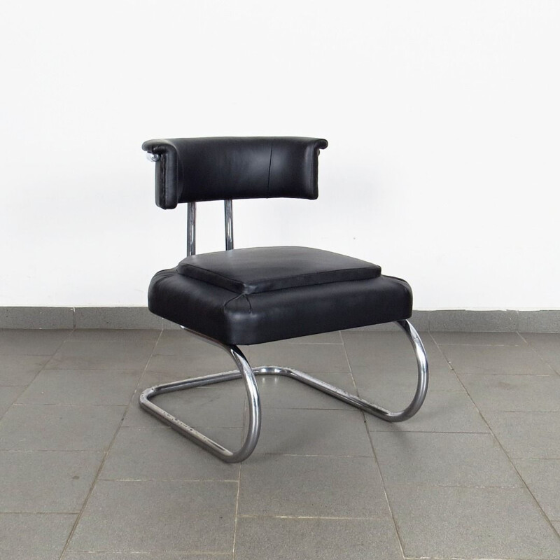 Vintage small tubular armchair in black leather and metal 1930