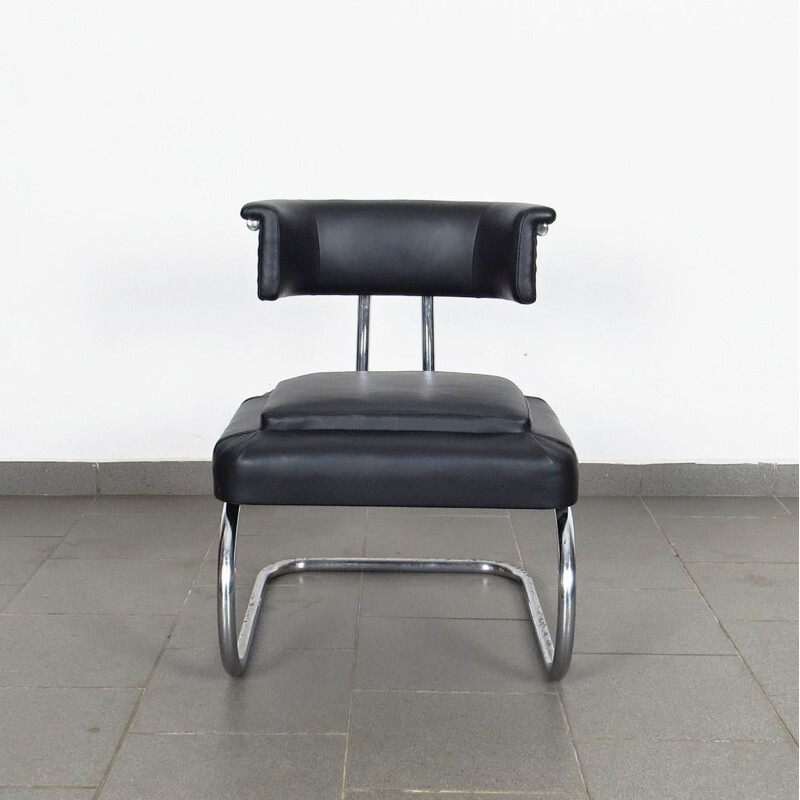 Fauteuil vintage tubulaire en cuir noir et métal 1930