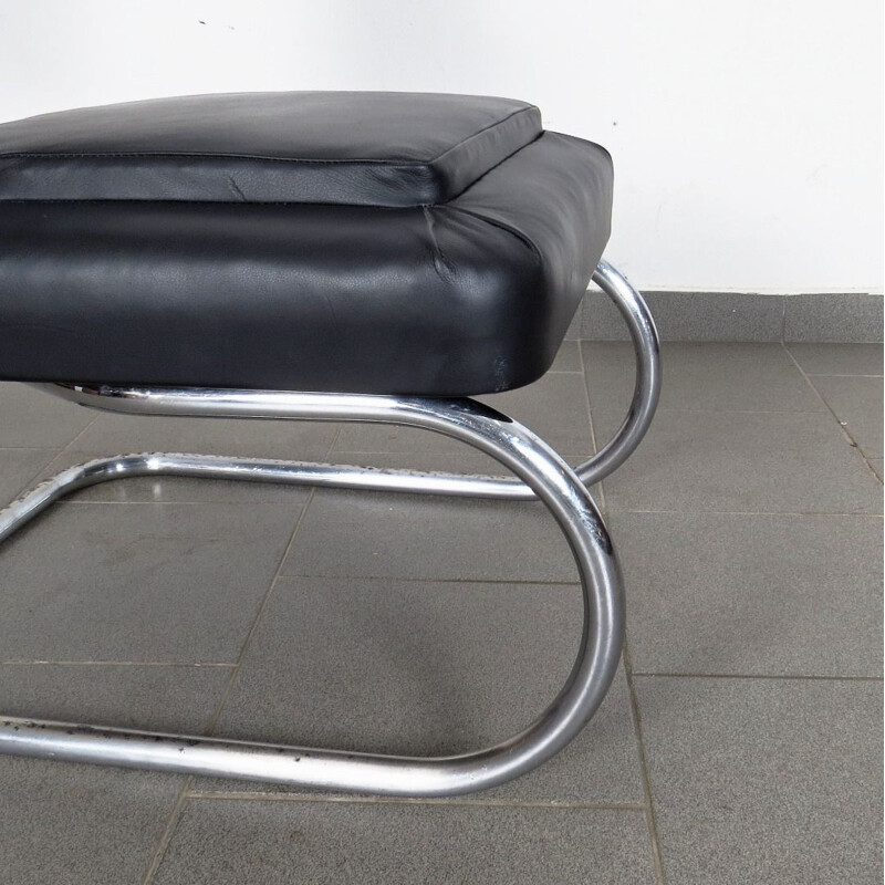 Vintage small tubular armchair in black leather and metal 1930