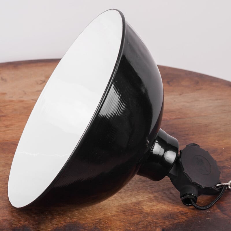 Vintage black enamel hanging lamp for LBL Leipzig 1960