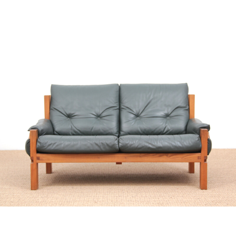 Vintage french S22 sofa by Pierre Chapo in elm and green leather