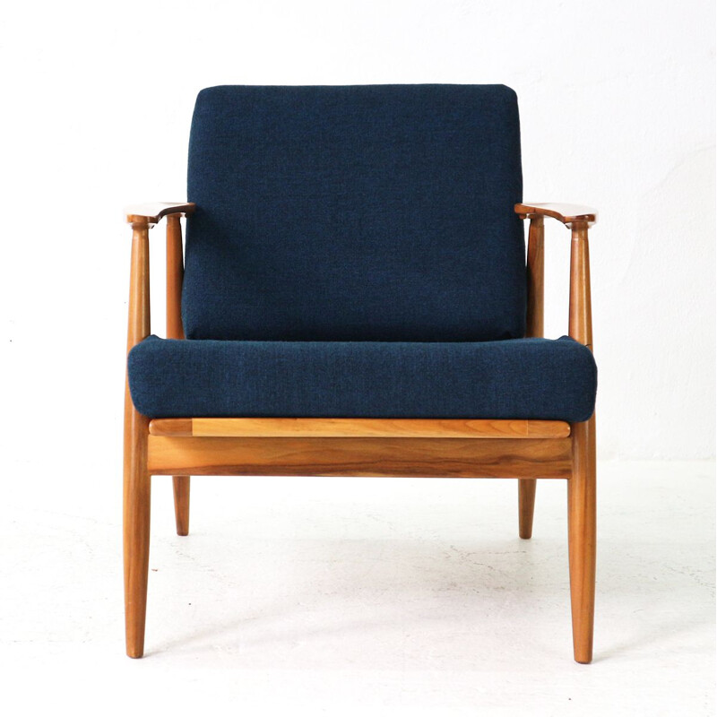 Fauteuil vintage en noyer et tissu bleu