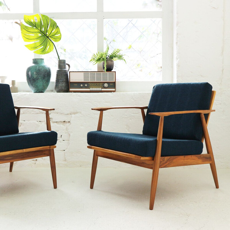 Vintage armchair in walnut and blue fabric