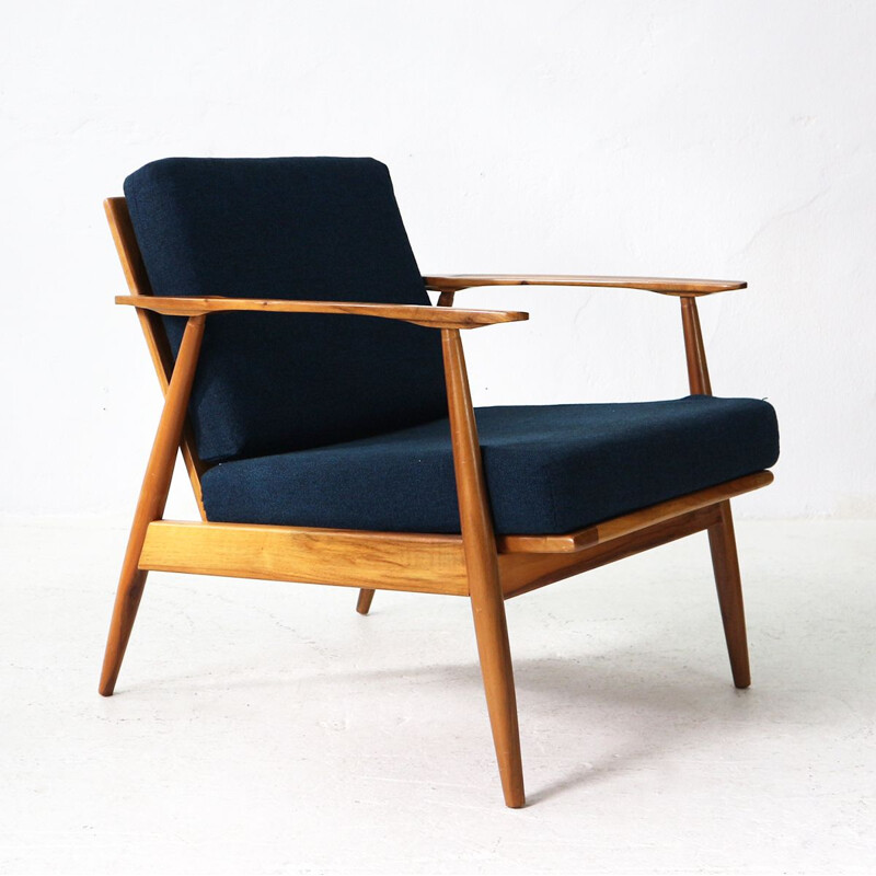 Vintage armchair in walnut and blue fabric