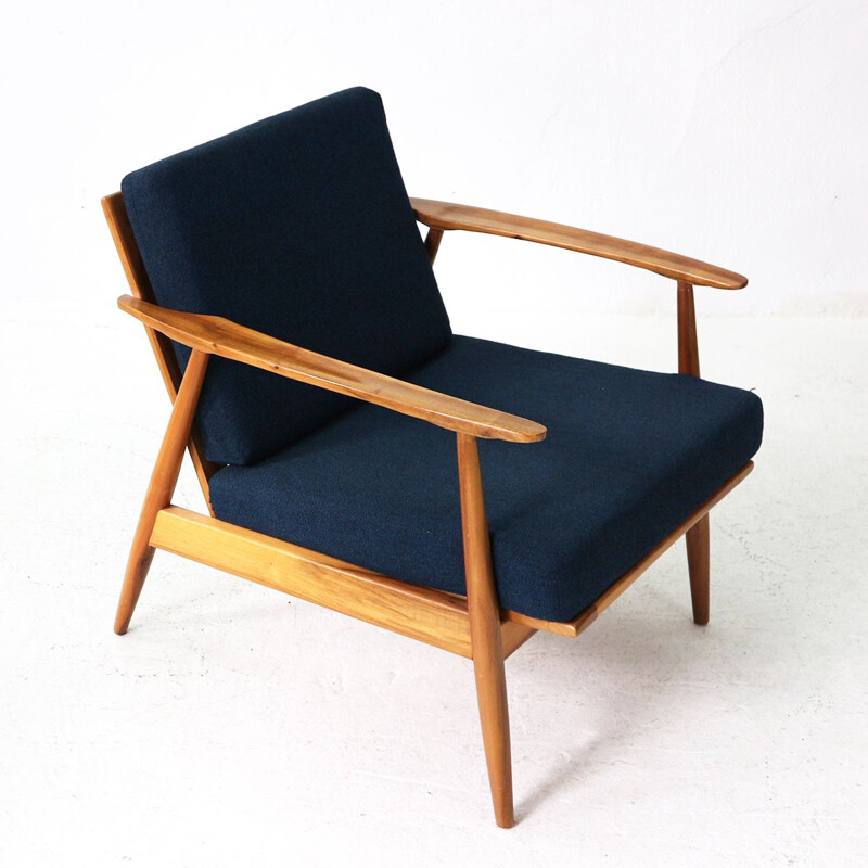 Vintage armchair in walnut and blue fabric