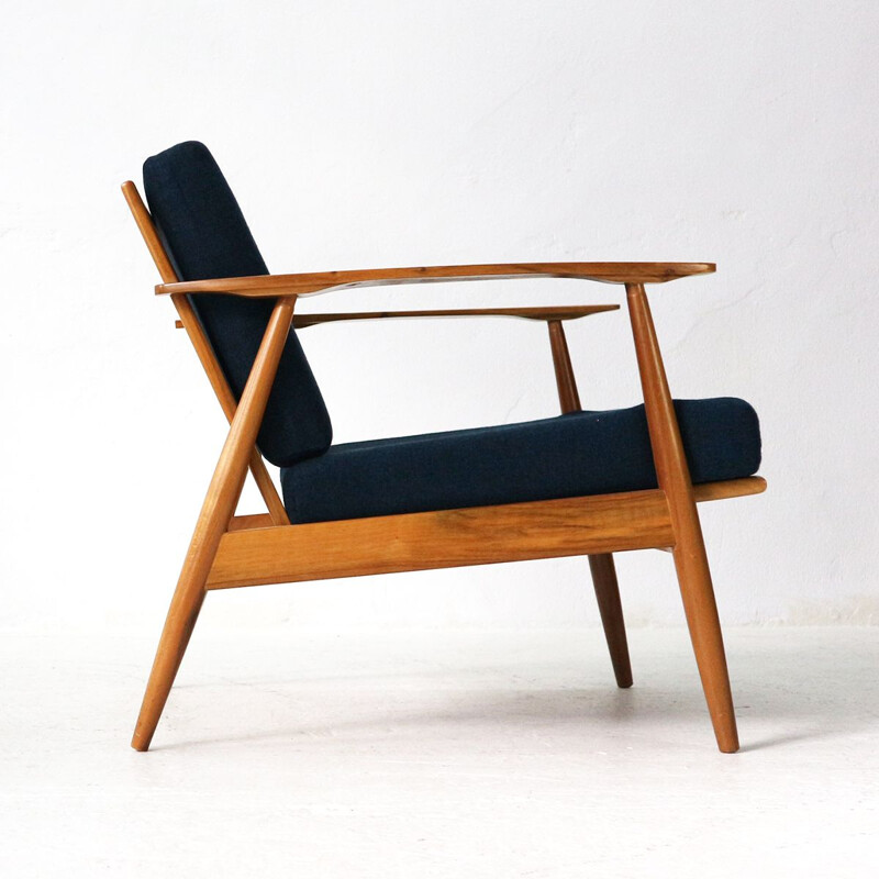 Vintage armchair in walnut and blue fabric