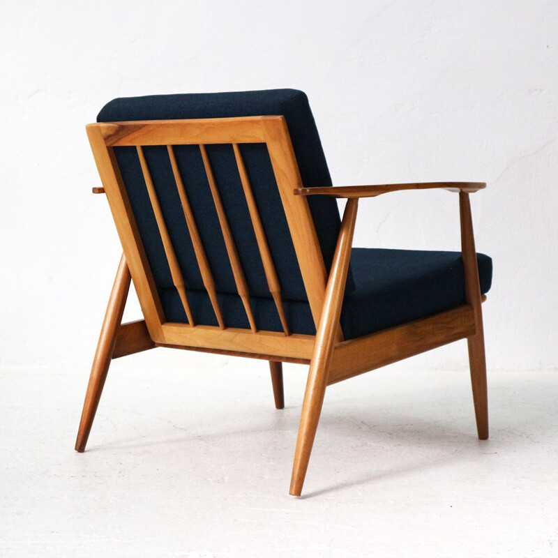 Vintage armchair in walnut and blue fabric