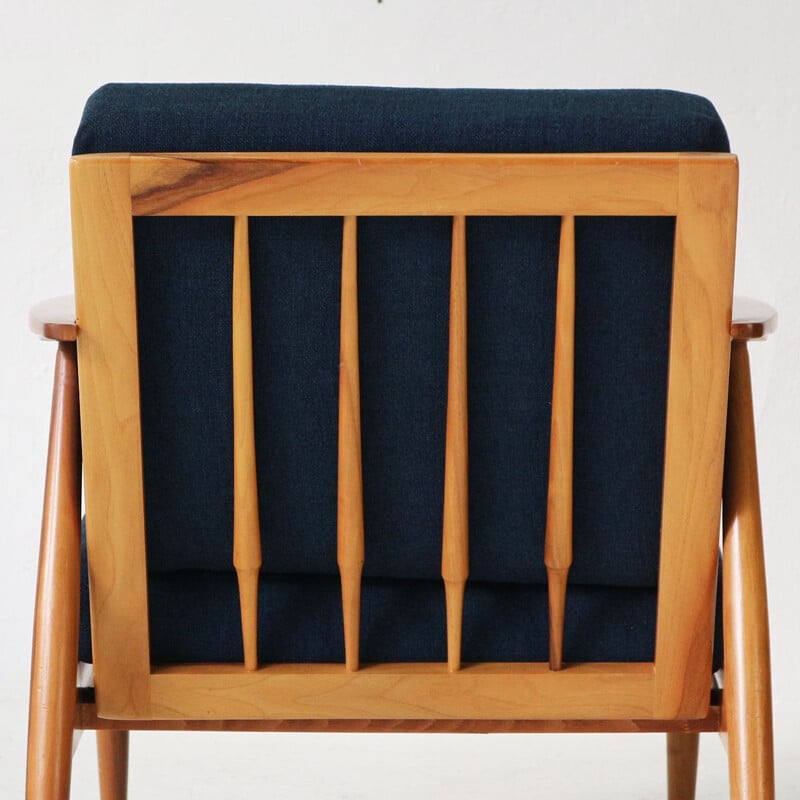 Vintage armchair in walnut and blue fabric