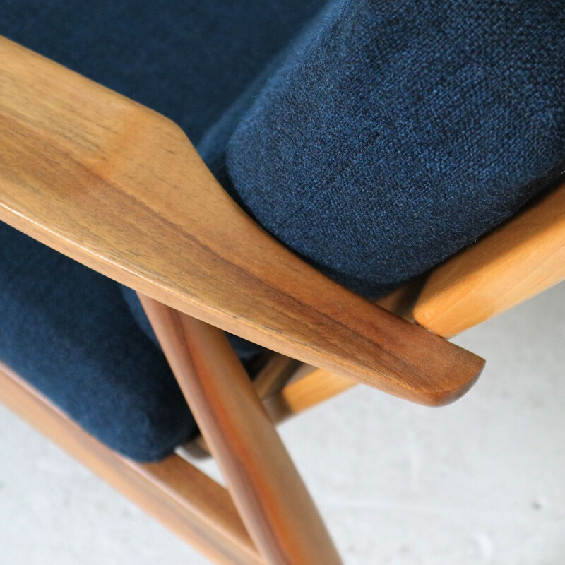 Vintage armchair in walnut and blue fabric