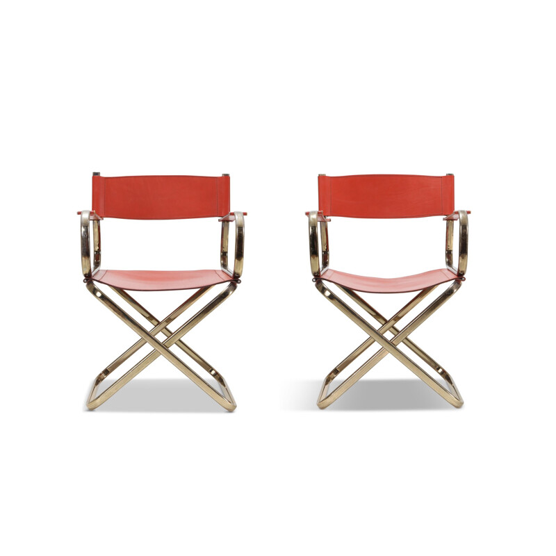 Paire de chaises en laiton et cuir rouge