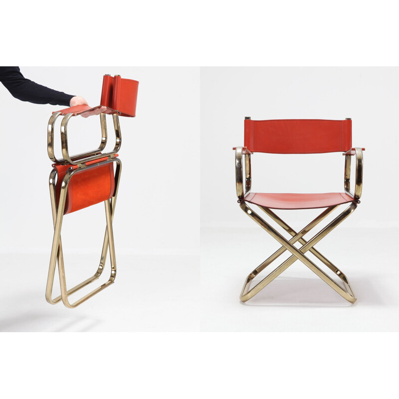 Paire de chaises en laiton et cuir rouge