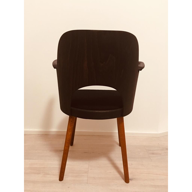 Vintage armchair for TON in brown fabric and walnut 1950