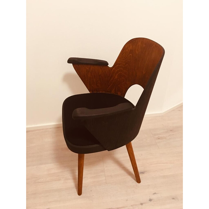 Vintage armchair for TON in brown fabric and walnut 1950