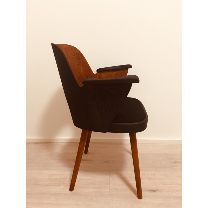 Vintage armchair for TON in brown fabric and walnut 1950