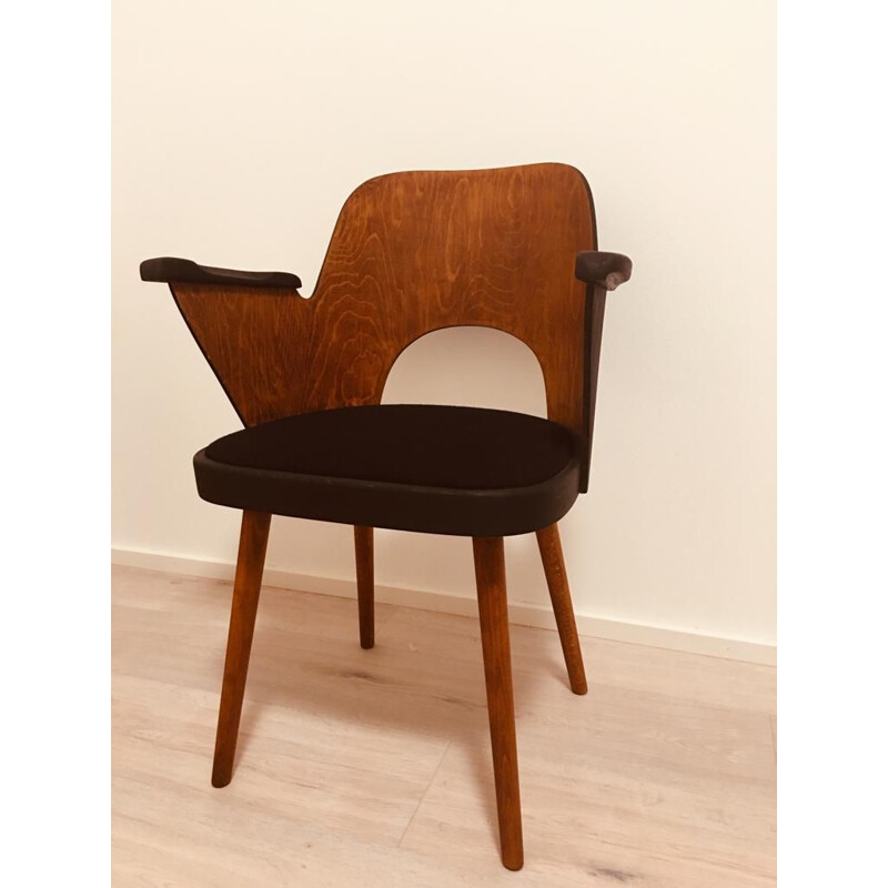 Vintage armchair for TON in brown fabric and walnut 1950