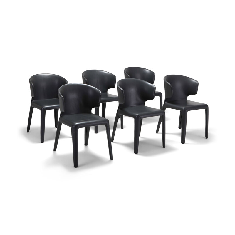 Set of 6 vintage 367 Hola chairs for Cassina in black leather