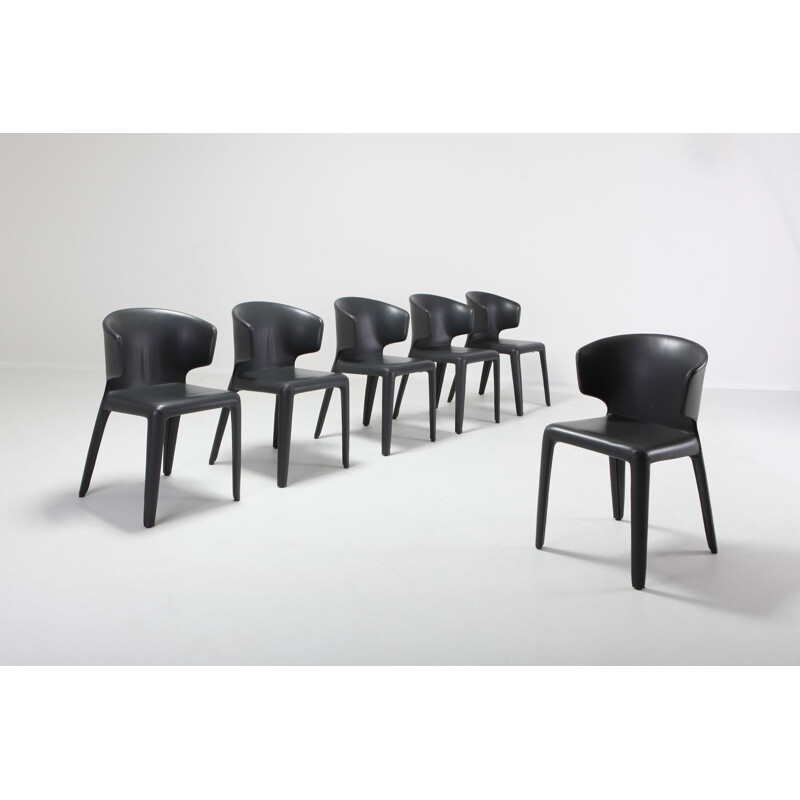 Set of 6 vintage 367 Hola chairs for Cassina in black leather