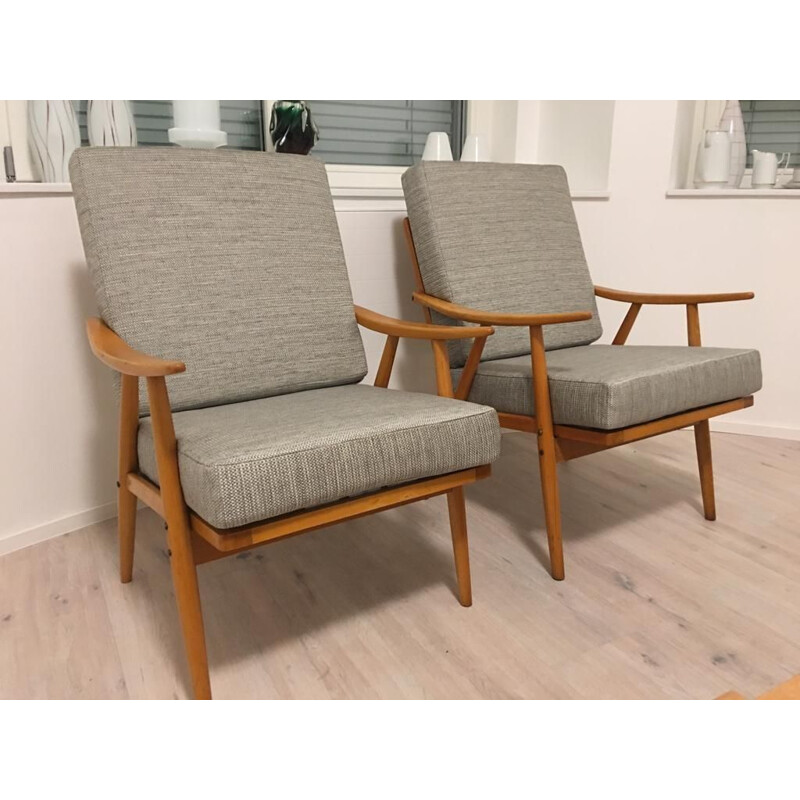 Set of 2 vintage grey Boomerang armchairs for Thonet in beechwood