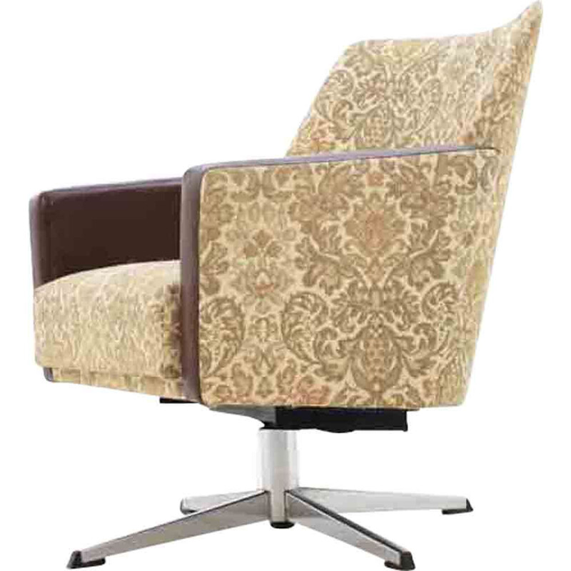 Fauteuil vintage pivotant en cuir et tissu beige 1970