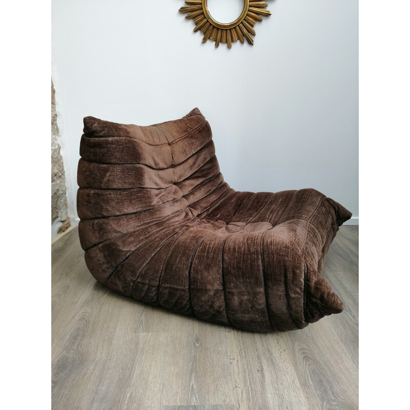 Vintage low chair Togo in velvet brown linen by Michel Ducaroy for Ligne Roset