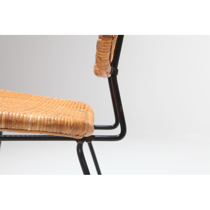 Chaise vintage tropicale en métal noir et canne