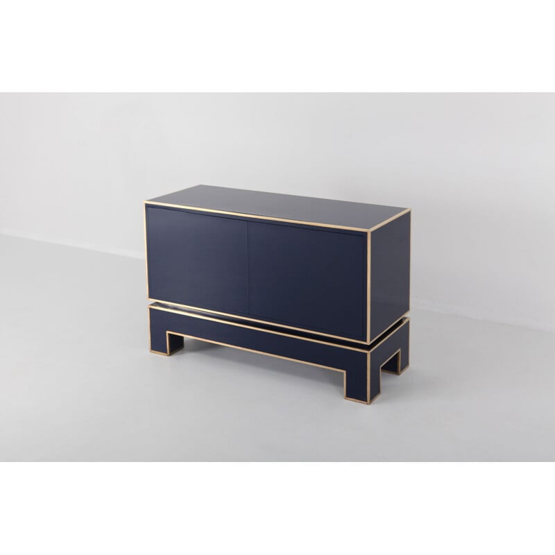 Vintage brass and blue two-door cabinet Maison Jansen