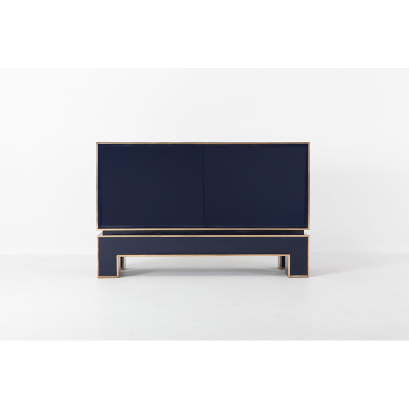 Vintage brass and blue two-door cabinet Maison Jansen