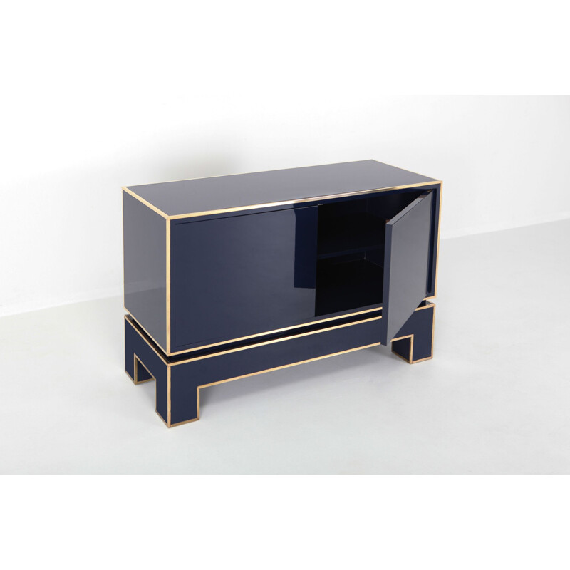 Vintage brass and blue two-door cabinet Maison Jansen