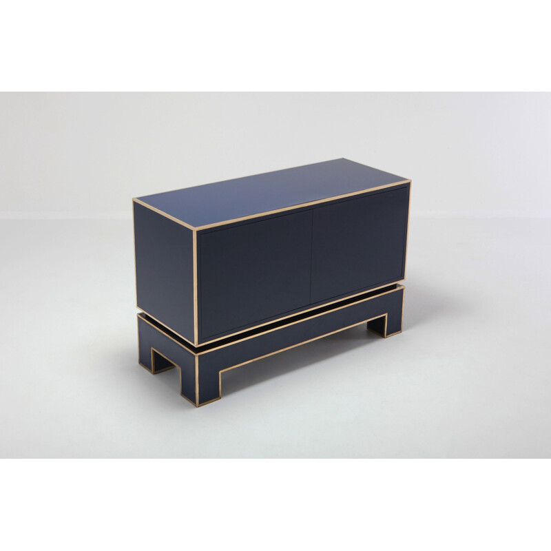 Vintage brass and blue two-door cabinet Maison Jansen