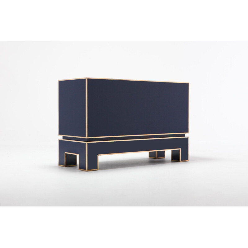 Vintage brass and blue two-door cabinet Maison Jansen