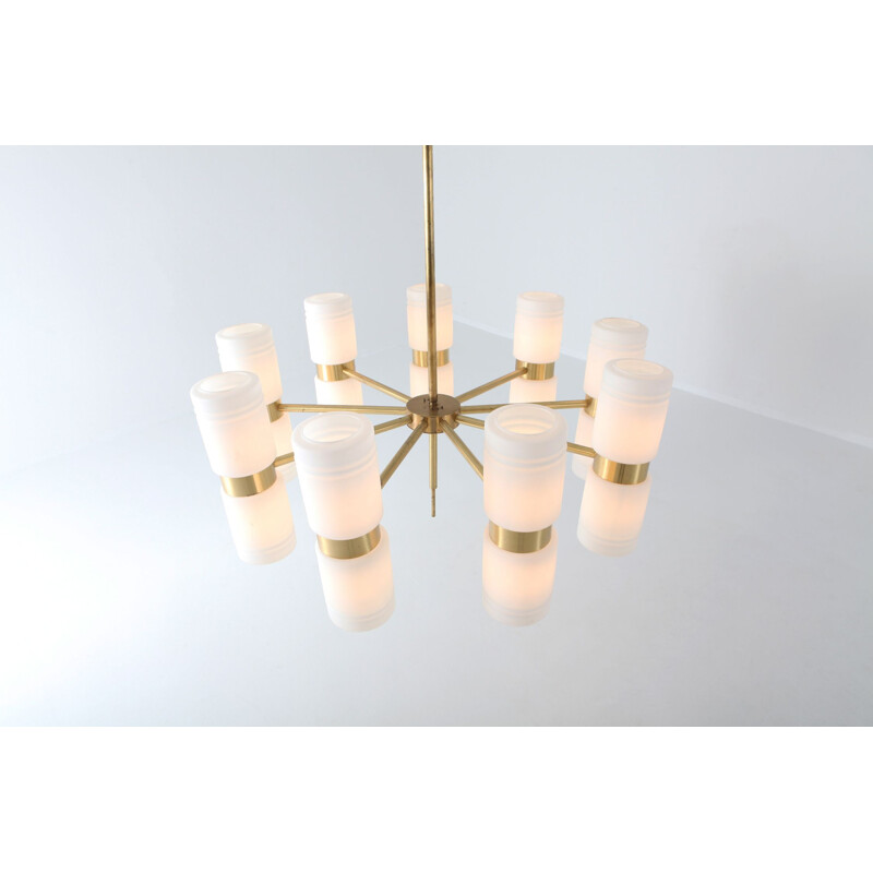 Vintage Hans-Agne Jakobsson brass and milky opaline glass chandelier